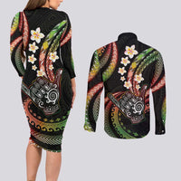 Hawaii Shaka Sign Couples Matching Long Sleeve Bodycon Dress and Long Sleeve Button Shirt Fantastic Frangipani Reggae LT01 - Polynesian Pride