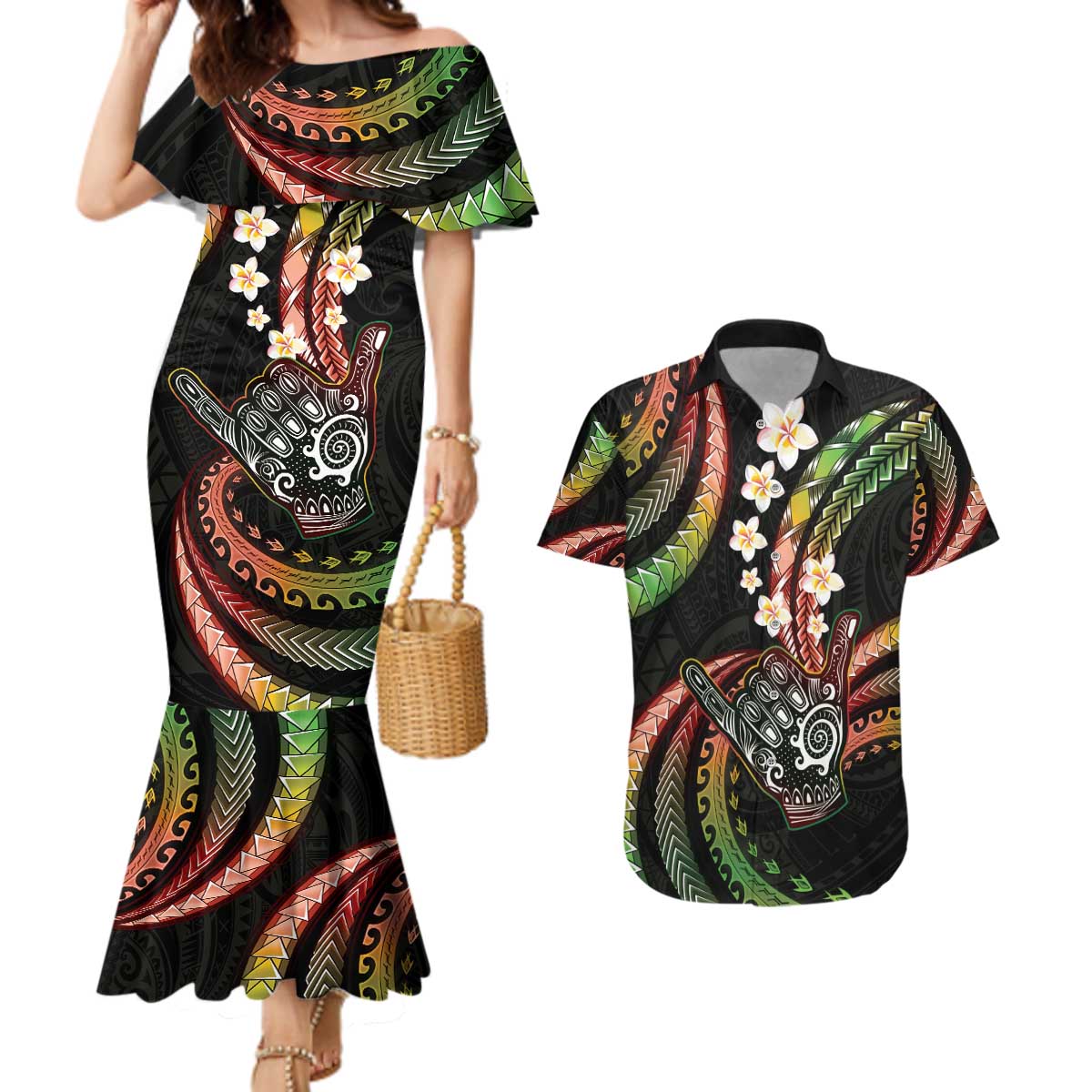 Hawaii Shaka Sign Couples Matching Mermaid Dress and Hawaiian Shirt Fantastic Frangipani Reggae LT01 Reggae - Polynesian Pride