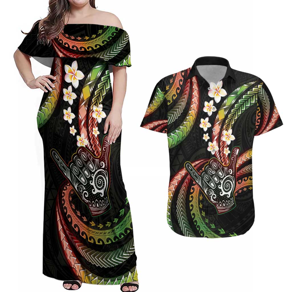 Hawaii Shaka Sign Couples Matching Off Shoulder Maxi Dress and Hawaiian Shirt Fantastic Frangipani Reggae LT01 Reggae - Polynesian Pride
