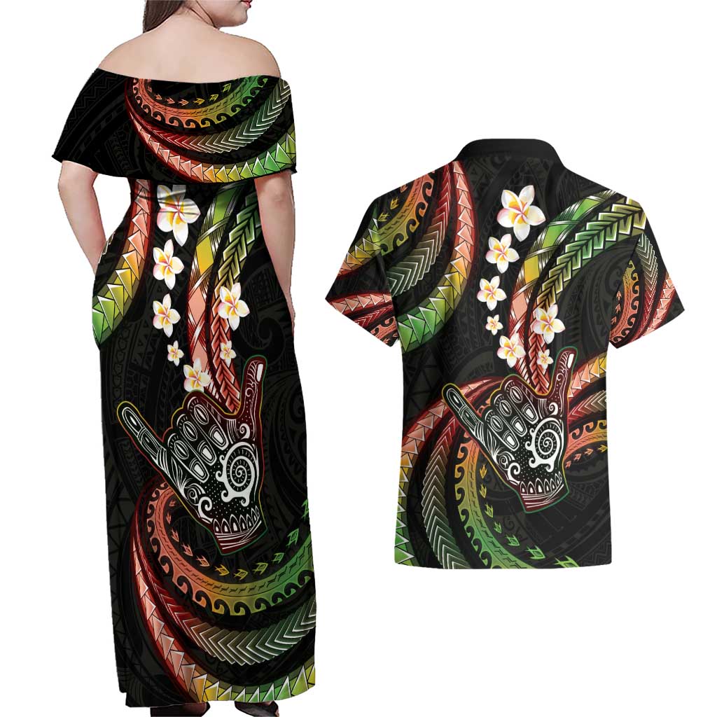 Hawaii Shaka Sign Couples Matching Off Shoulder Maxi Dress and Hawaiian Shirt Fantastic Frangipani Reggae LT01 - Polynesian Pride