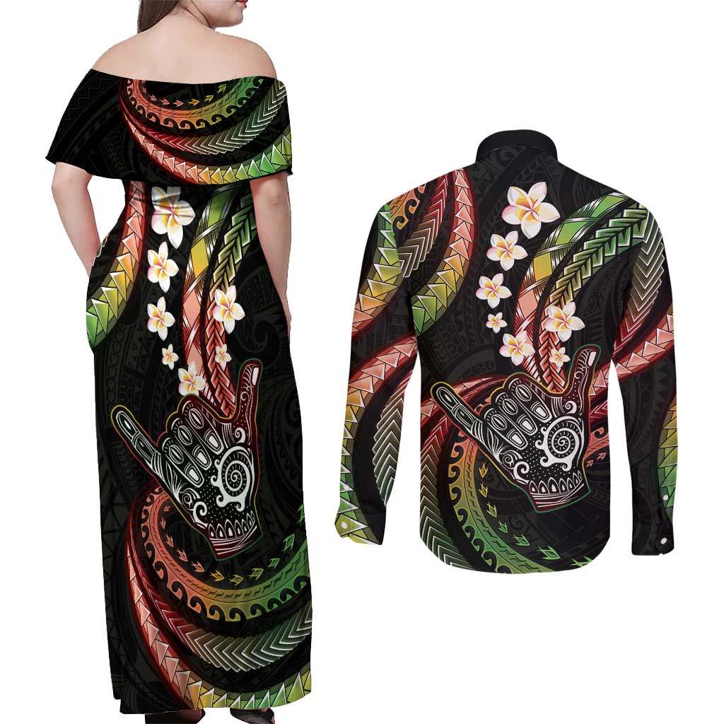 Hawaii Shaka Sign Couples Matching Off Shoulder Maxi Dress and Long Sleeve Button Shirt Fantastic Frangipani Reggae LT01 - Polynesian Pride