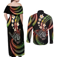 Hawaii Shaka Sign Couples Matching Off Shoulder Maxi Dress and Long Sleeve Button Shirt Fantastic Frangipani Reggae LT01 - Polynesian Pride