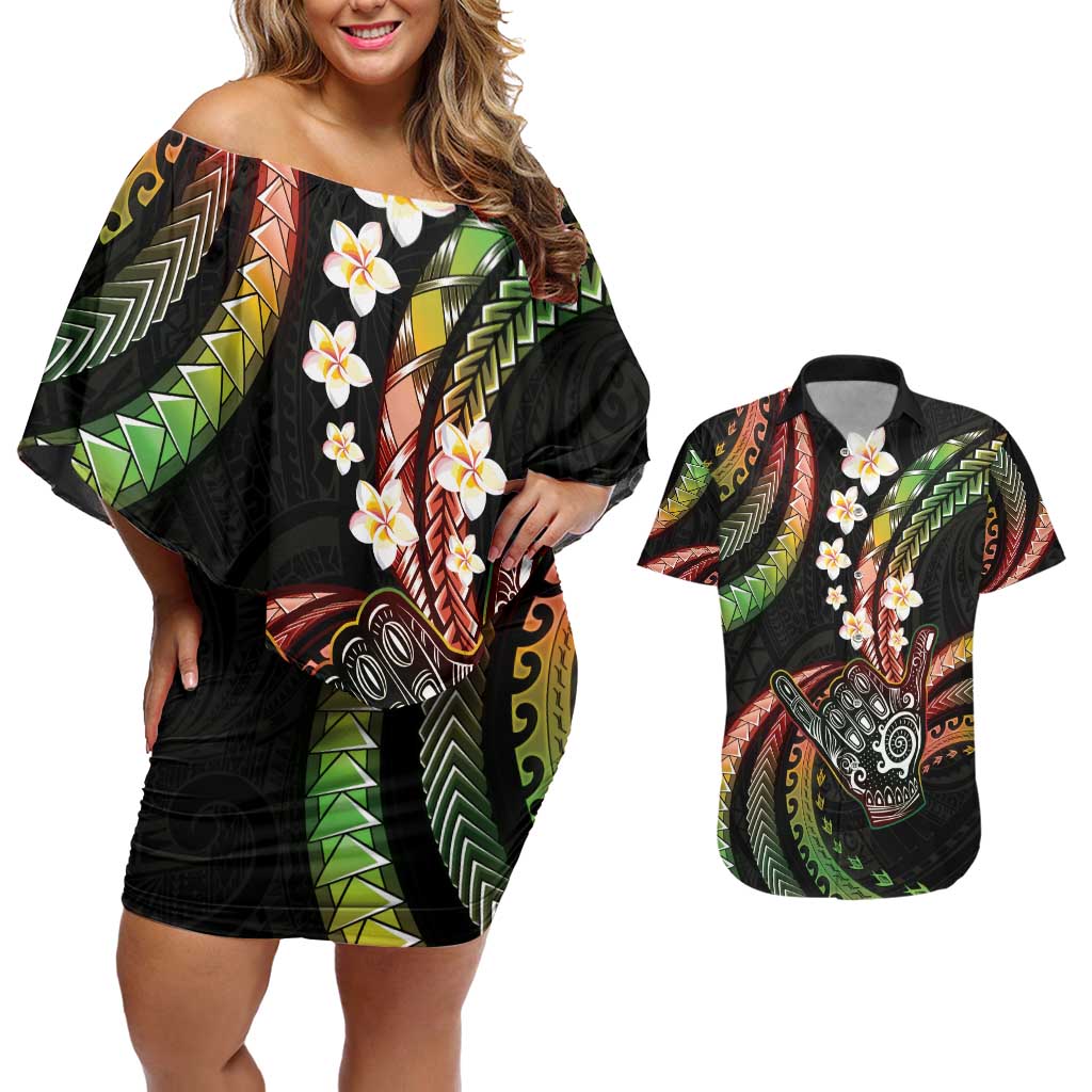 Hawaii Shaka Sign Couples Matching Off Shoulder Short Dress and Hawaiian Shirt Fantastic Frangipani Reggae LT01 Reggae - Polynesian Pride