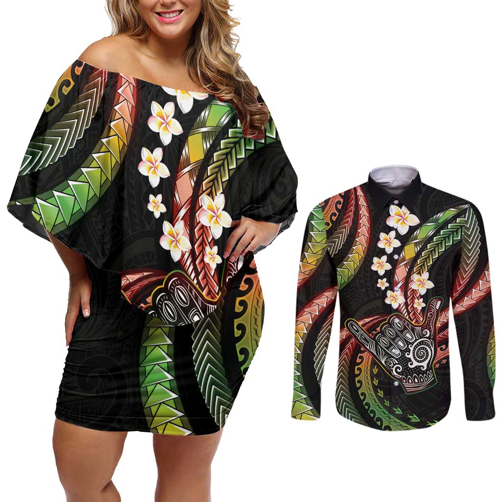Hawaii Shaka Sign Couples Matching Off Shoulder Short Dress and Long Sleeve Button Shirt Fantastic Frangipani Reggae LT01 Reggae - Polynesian Pride