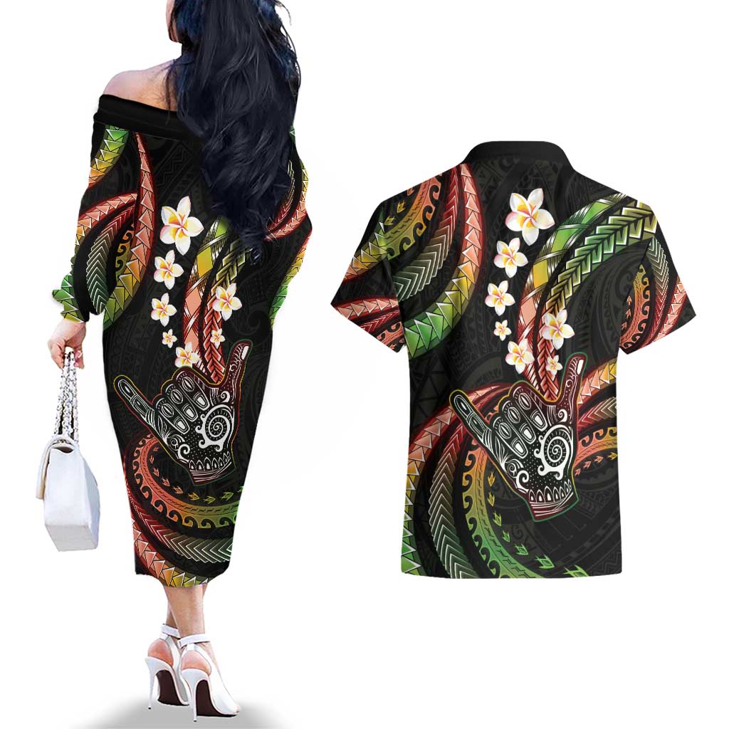 Hawaii Shaka Sign Couples Matching Off The Shoulder Long Sleeve Dress and Hawaiian Shirt Fantastic Frangipani Reggae LT01 - Polynesian Pride