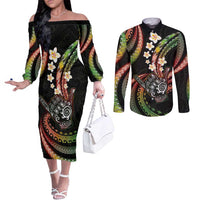 Hawaii Shaka Sign Couples Matching Off The Shoulder Long Sleeve Dress and Long Sleeve Button Shirt Fantastic Frangipani Reggae LT01 Reggae - Polynesian Pride