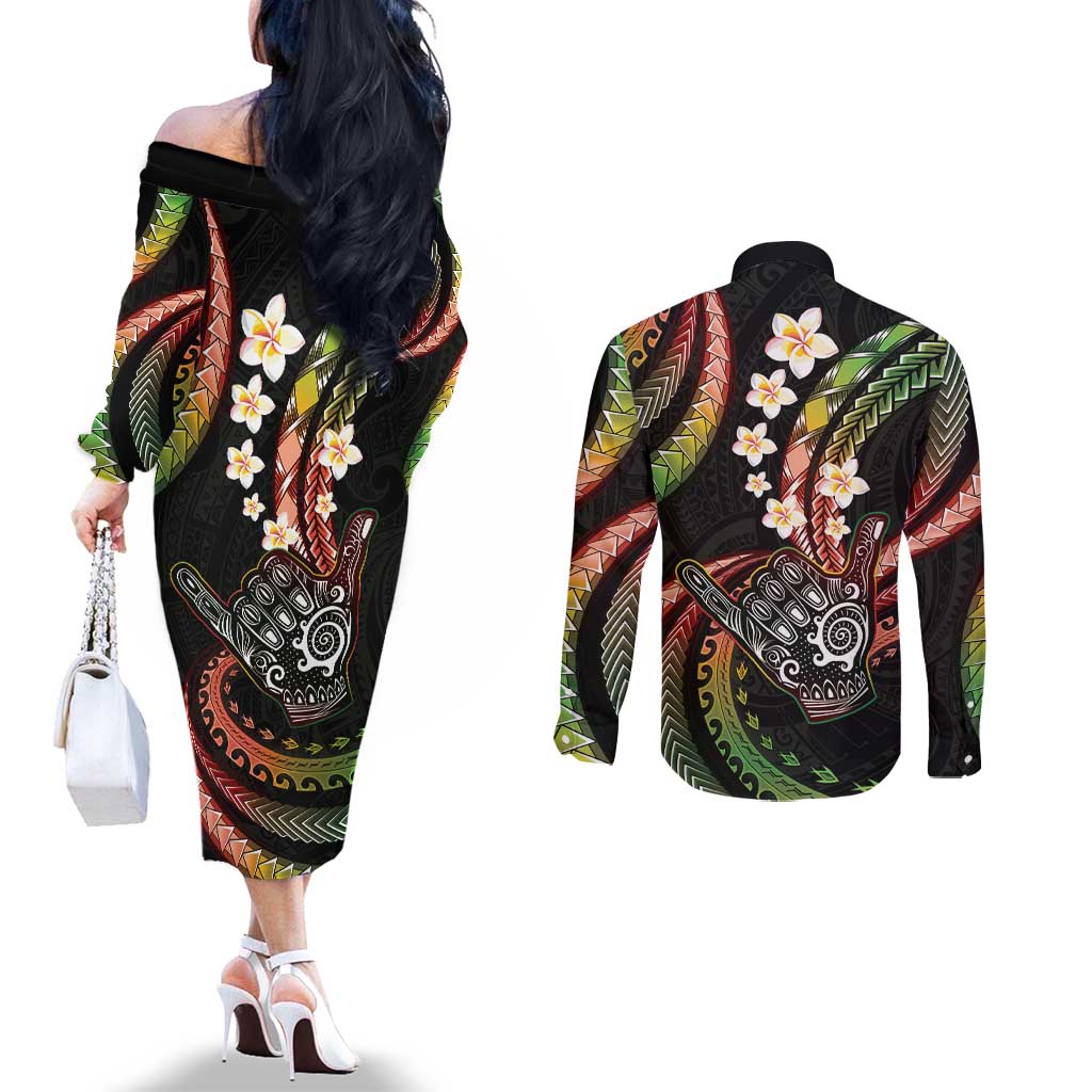 Hawaii Shaka Sign Couples Matching Off The Shoulder Long Sleeve Dress and Long Sleeve Button Shirt Fantastic Frangipani Reggae LT01 - Polynesian Pride
