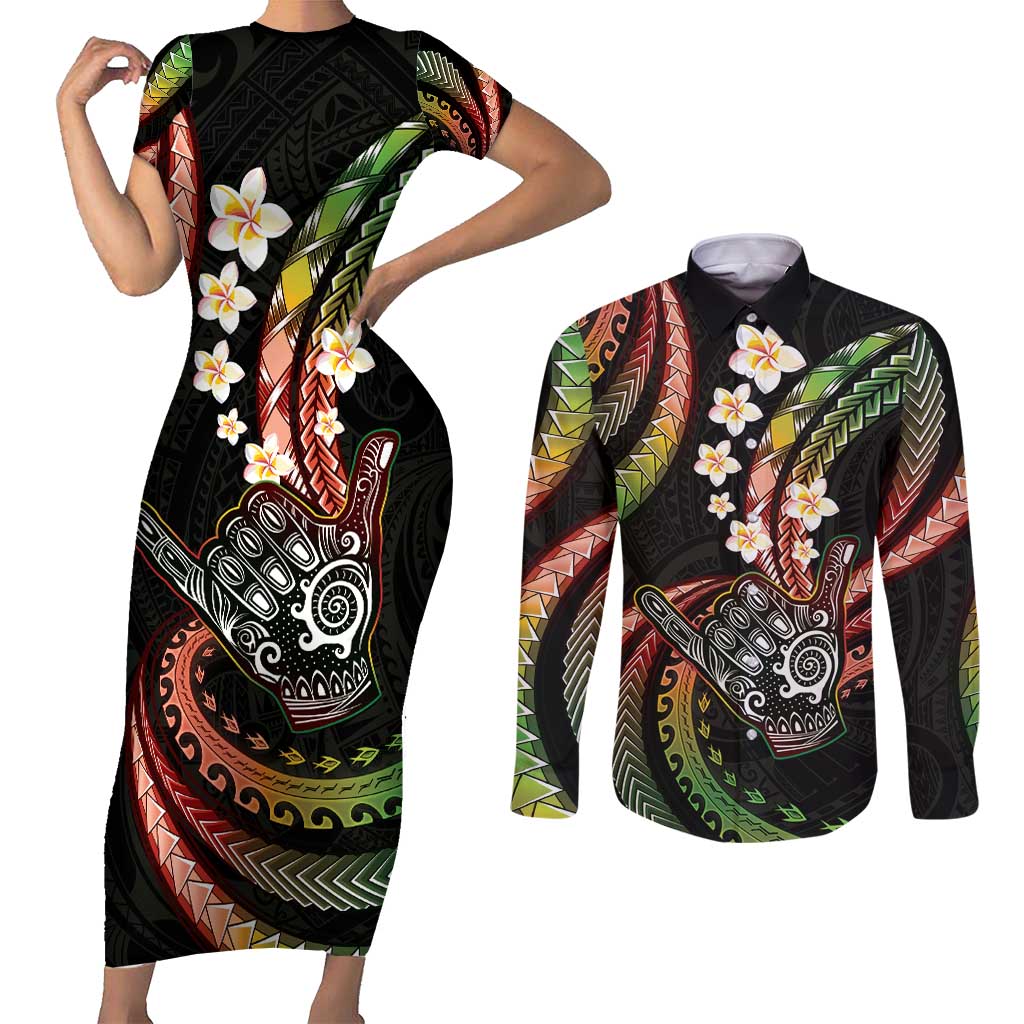 Hawaii Shaka Sign Couples Matching Short Sleeve Bodycon Dress and Long Sleeve Button Shirt Fantastic Frangipani Reggae LT01 Reggae - Polynesian Pride