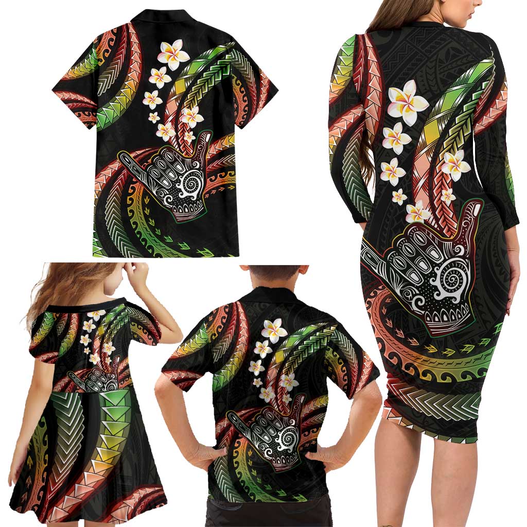 Hawaii Shaka Sign Family Matching Long Sleeve Bodycon Dress and Hawaiian Shirt Fantastic Frangipani Reggae