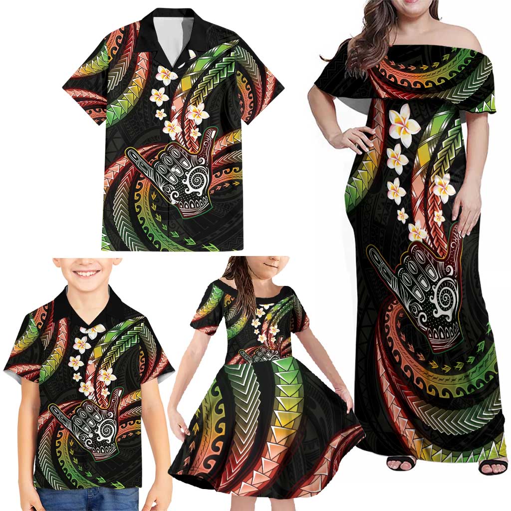 Hawaii Shaka Sign Family Matching Off Shoulder Maxi Dress and Hawaiian Shirt Fantastic Frangipani Reggae LT01 - Polynesian Pride