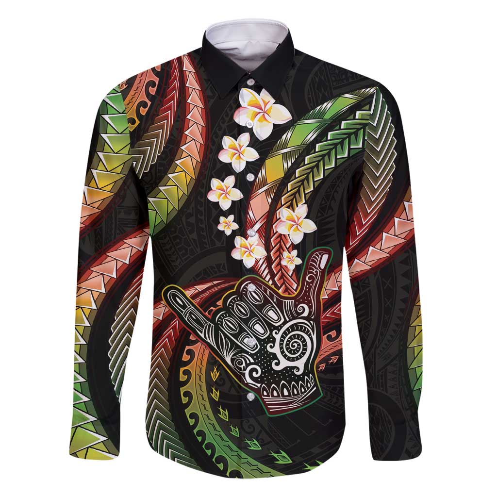 Hawaii Shaka Sign Family Matching Off Shoulder Maxi Dress and Hawaiian Shirt Fantastic Frangipani Reggae LT01 Dad's Shirt - Long Sleeve Reggae - Polynesian Pride