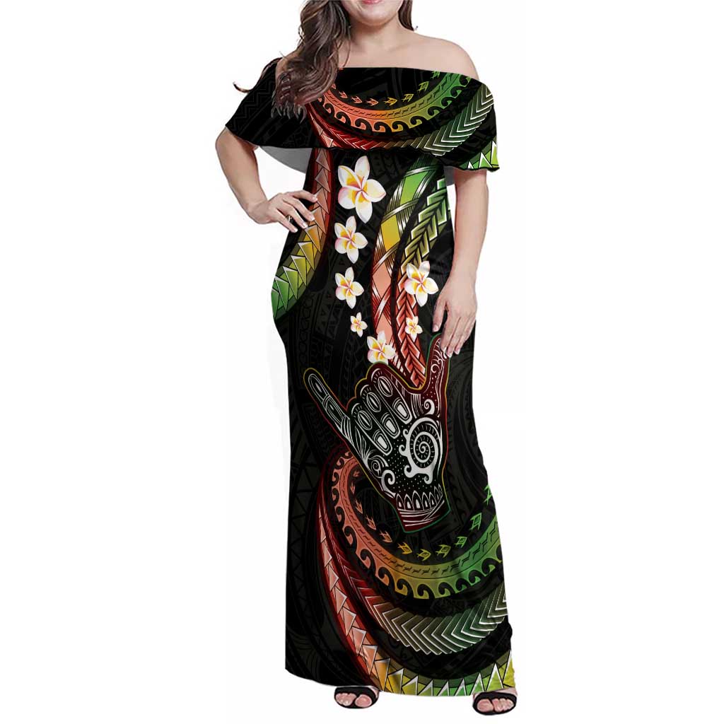 Hawaii Shaka Sign Family Matching Off Shoulder Maxi Dress and Hawaiian Shirt Fantastic Frangipani Reggae LT01 Mom's Dress Reggae - Polynesian Pride