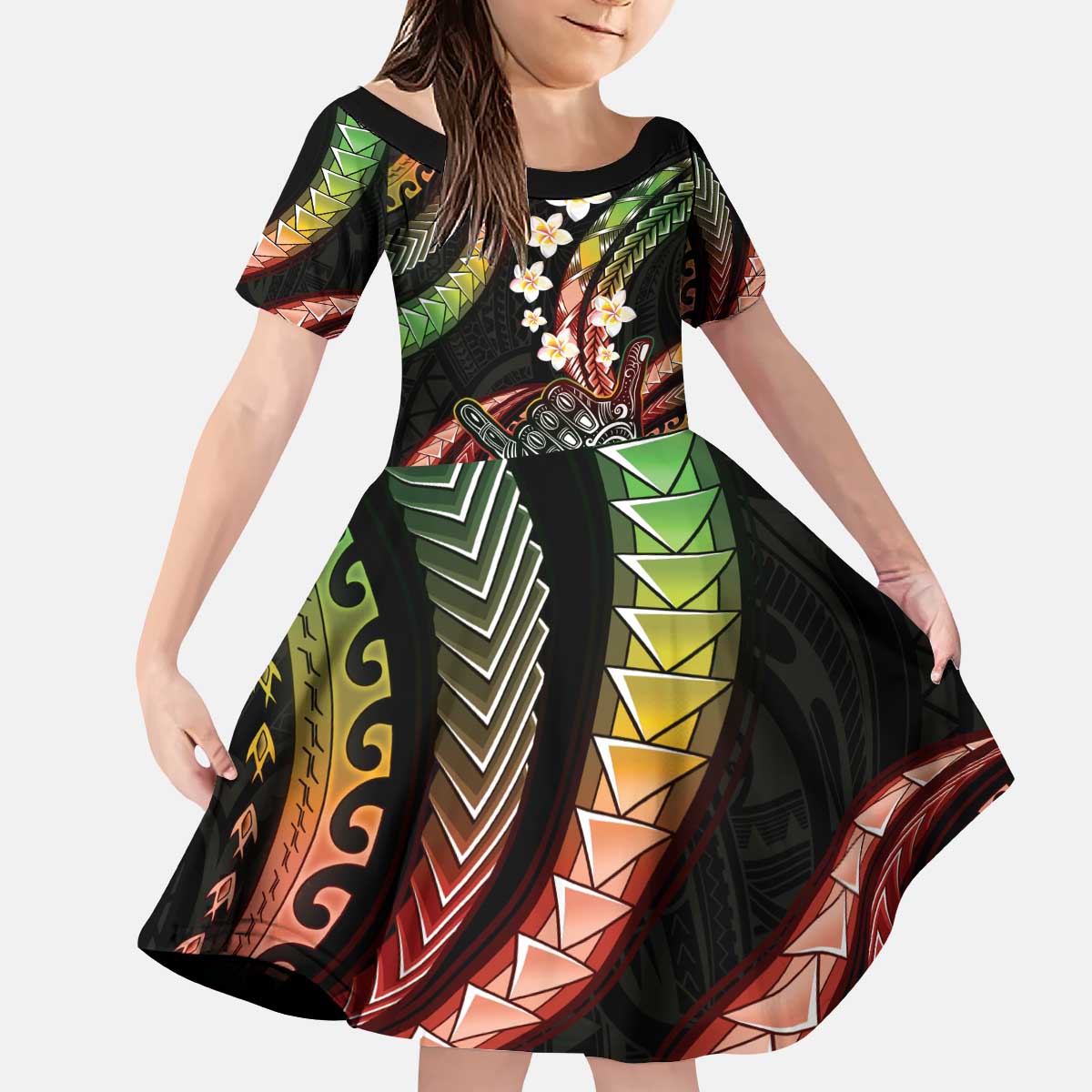 Hawaii Shaka Sign Kid Short Sleeve Dress Fantastic Frangipani Reggae