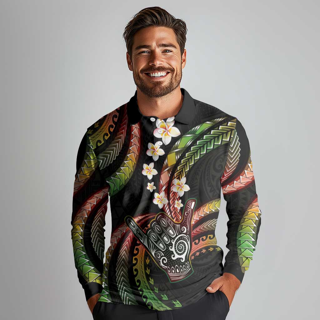 Hawaii Shaka Sign Long Sleeve Polo Shirt Fantastic Frangipani Reggae