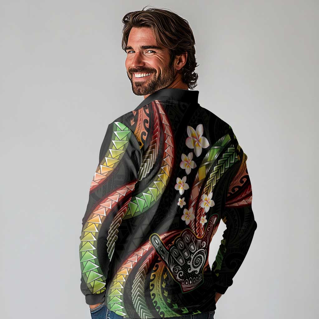Hawaii Shaka Sign Long Sleeve Polo Shirt Fantastic Frangipani Reggae