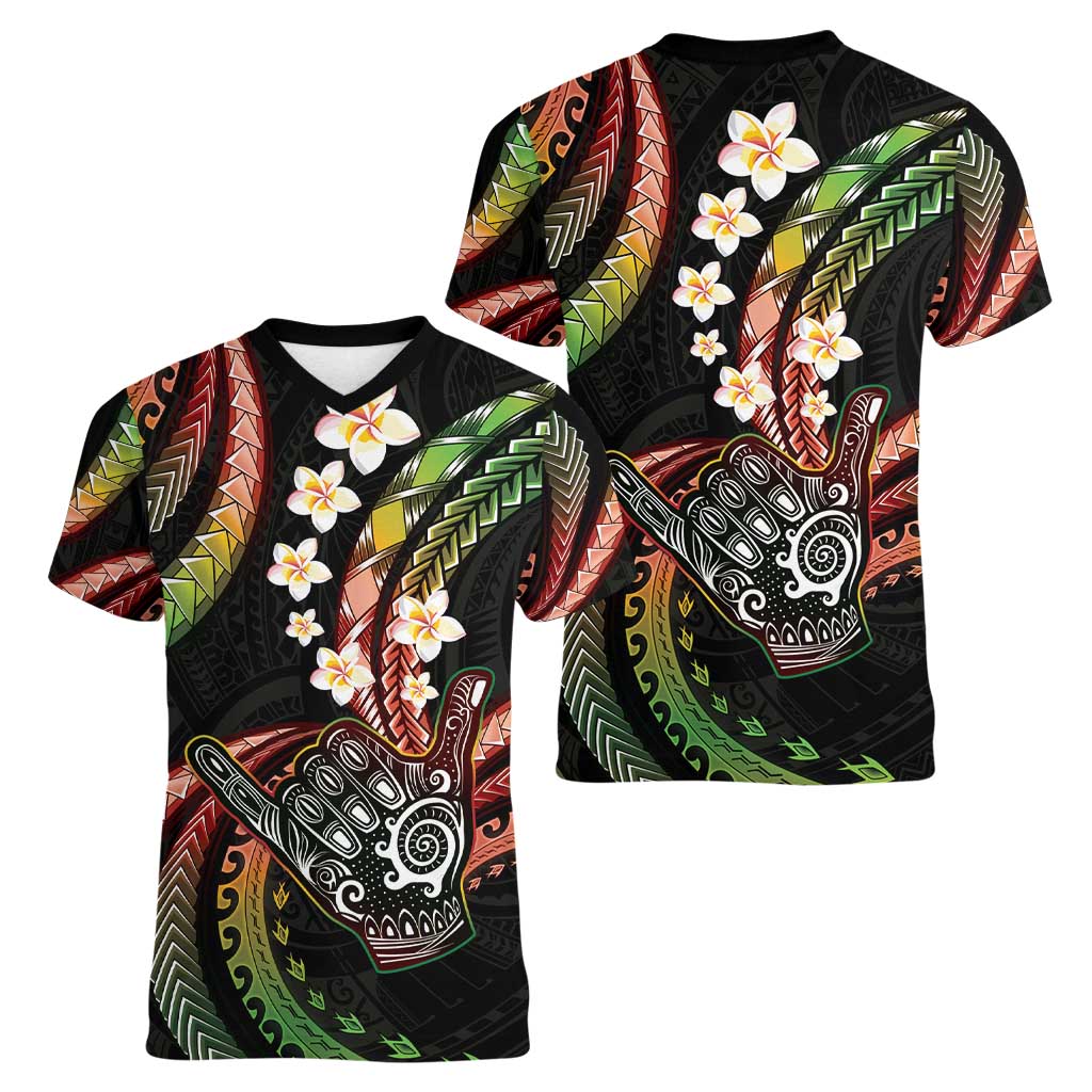 Hawaii Shaka Sign Women V-Neck T-Shirt Fantastic Frangipani Reggae LT01 - Polynesian Pride