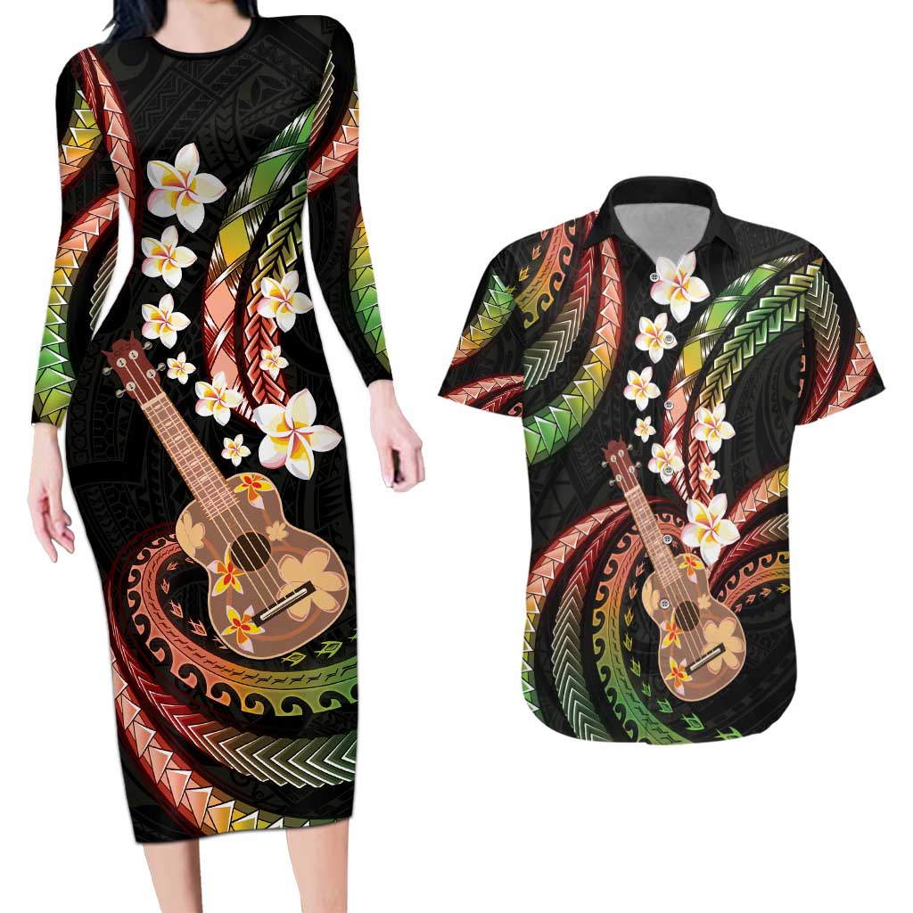 Hawaiian Ukulele Couples Matching Long Sleeve Bodycon Dress and Hawaiian Shirt Jawaiian Fantastic Plumeria LT01 Reggae - Polynesian Pride