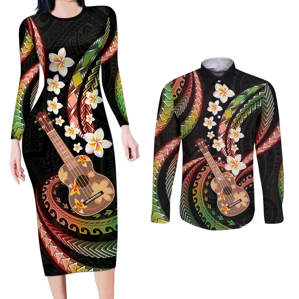 Hawaiian Ukulele Couples Matching Long Sleeve Bodycon Dress and Long Sleeve Button Shirt Jawaiian Fantastic Plumeria