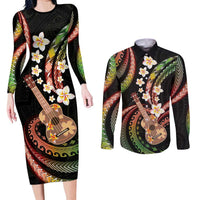 Hawaiian Ukulele Couples Matching Long Sleeve Bodycon Dress and Long Sleeve Button Shirt Jawaiian Fantastic Plumeria LT01 Reggae - Polynesian Pride