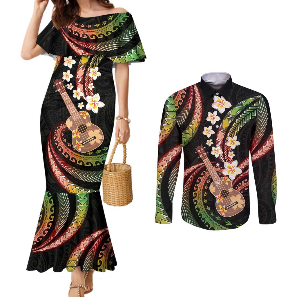 Hawaiian Ukulele Couples Matching Mermaid Dress and Long Sleeve Button Shirt Jawaiian Fantastic Plumeria LT01 Reggae - Polynesian Pride