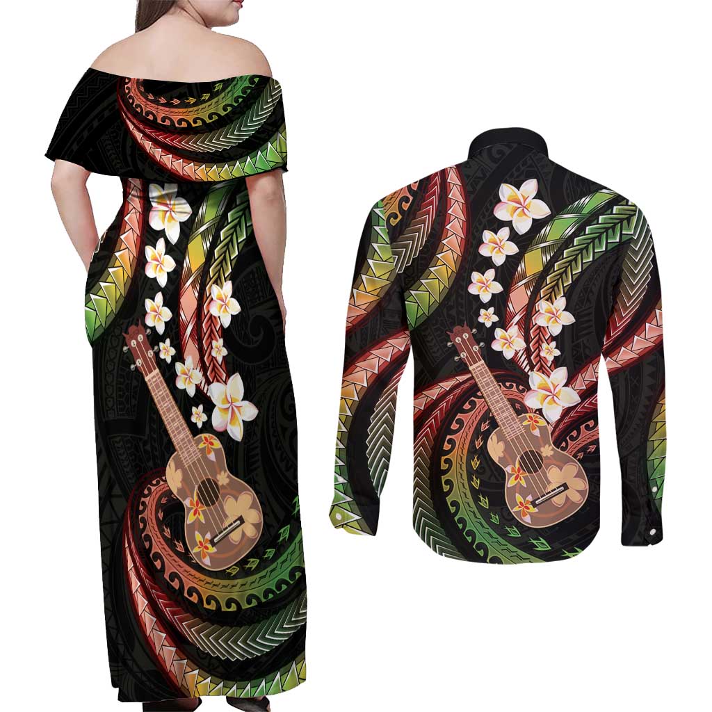 Hawaiian Ukulele Couples Matching Off Shoulder Maxi Dress and Long Sleeve Button Shirt Jawaiian Fantastic Plumeria LT01 - Polynesian Pride