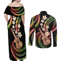 Hawaiian Ukulele Couples Matching Off Shoulder Maxi Dress and Long Sleeve Button Shirt Jawaiian Fantastic Plumeria LT01 - Polynesian Pride
