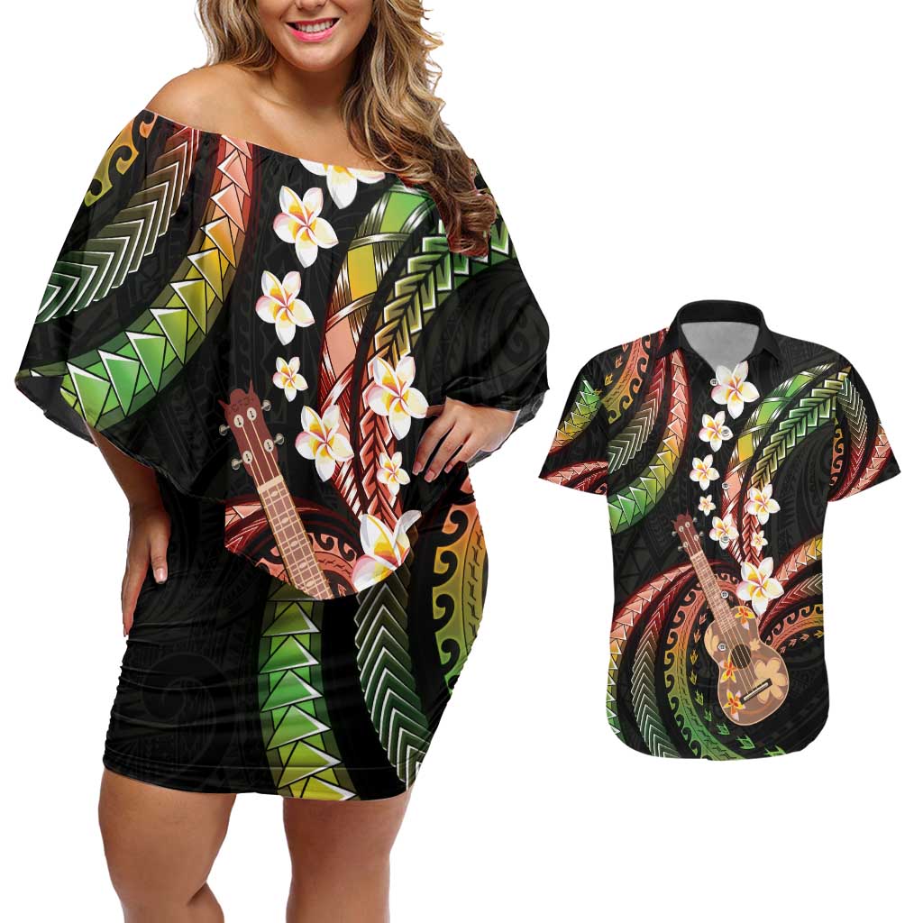 Hawaiian Ukulele Couples Matching Off Shoulder Short Dress and Hawaiian Shirt Jawaiian Fantastic Plumeria LT01 Reggae - Polynesian Pride