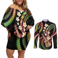 Hawaiian Ukulele Couples Matching Off Shoulder Short Dress and Long Sleeve Button Shirt Jawaiian Fantastic Plumeria LT01 Reggae - Polynesian Pride