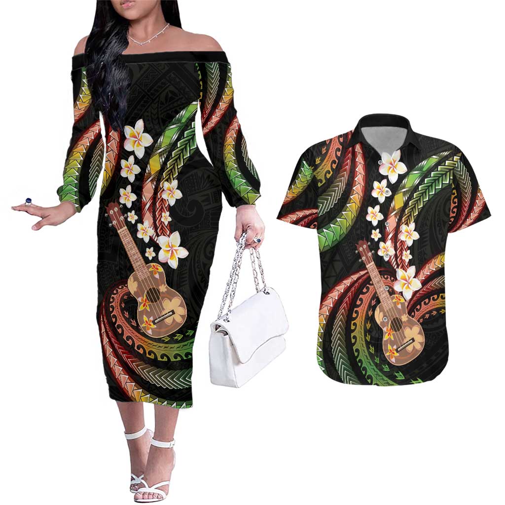 Hawaiian Ukulele Couples Matching Off The Shoulder Long Sleeve Dress and Hawaiian Shirt Jawaiian Fantastic Plumeria LT01 Reggae - Polynesian Pride