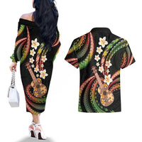 Hawaiian Ukulele Couples Matching Off The Shoulder Long Sleeve Dress and Hawaiian Shirt Jawaiian Fantastic Plumeria LT01 - Polynesian Pride