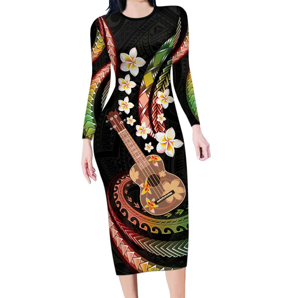 Hawaiian Ukulele Family Matching Long Sleeve Bodycon Dress and Hawaiian Shirt Jawaiian Fantastic Plumeria LT01 Mom's Dress Reggae - Polynesian Pride
