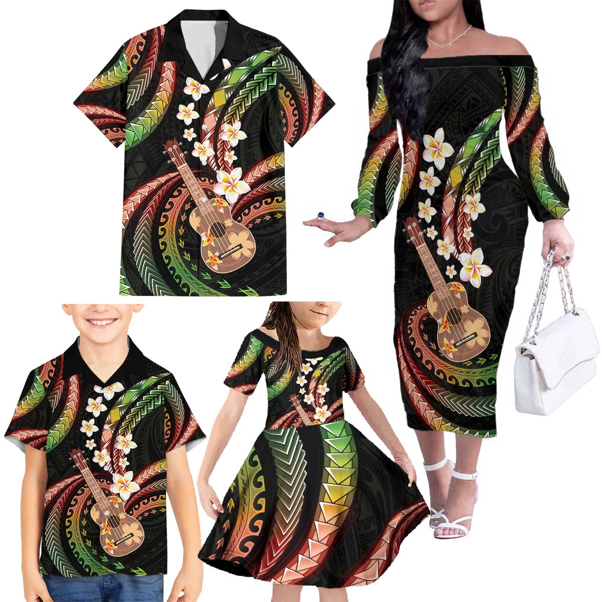 Hawaiian Ukulele Family Matching Off The Shoulder Long Sleeve Dress and Hawaiian Shirt Jawaiian Fantastic Plumeria LT01 - Polynesian Pride