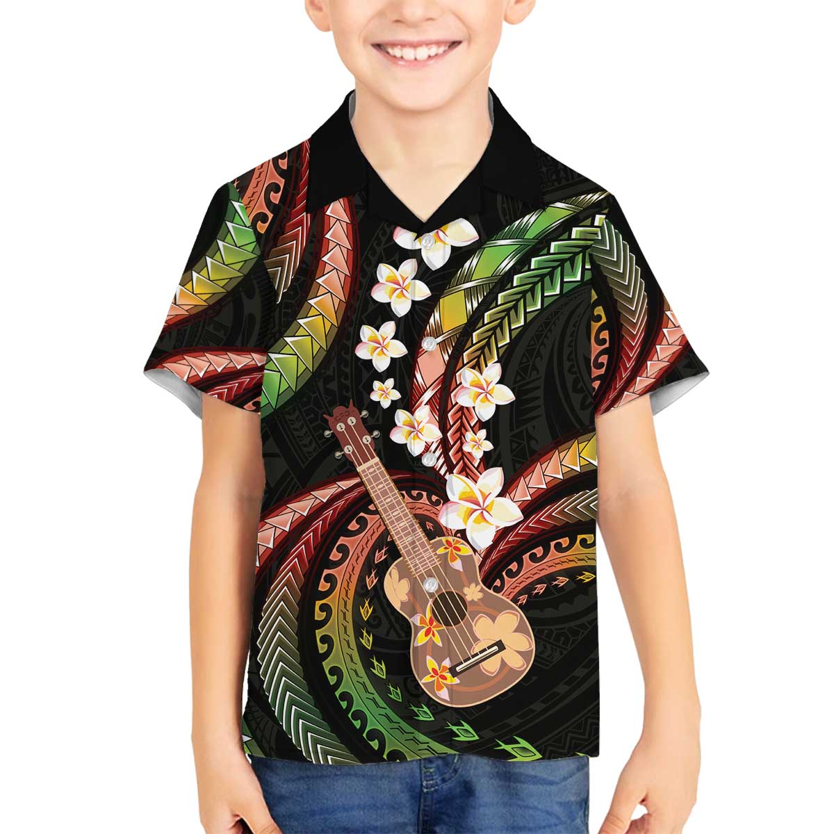 Hawaiian Ukulele Family Matching Off The Shoulder Long Sleeve Dress and Hawaiian Shirt Jawaiian Fantastic Plumeria LT01 Son's Shirt Reggae - Polynesian Pride