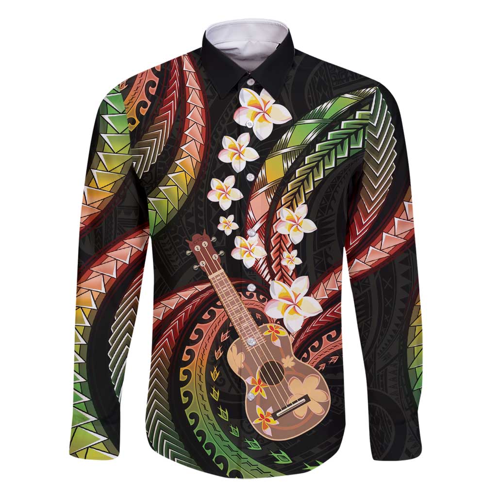 Hawaiian Ukulele Family Matching Off Shoulder Maxi Dress and Hawaiian Shirt Jawaiian Fantastic Plumeria LT01 Dad's Shirt - Long Sleeve Reggae - Polynesian Pride