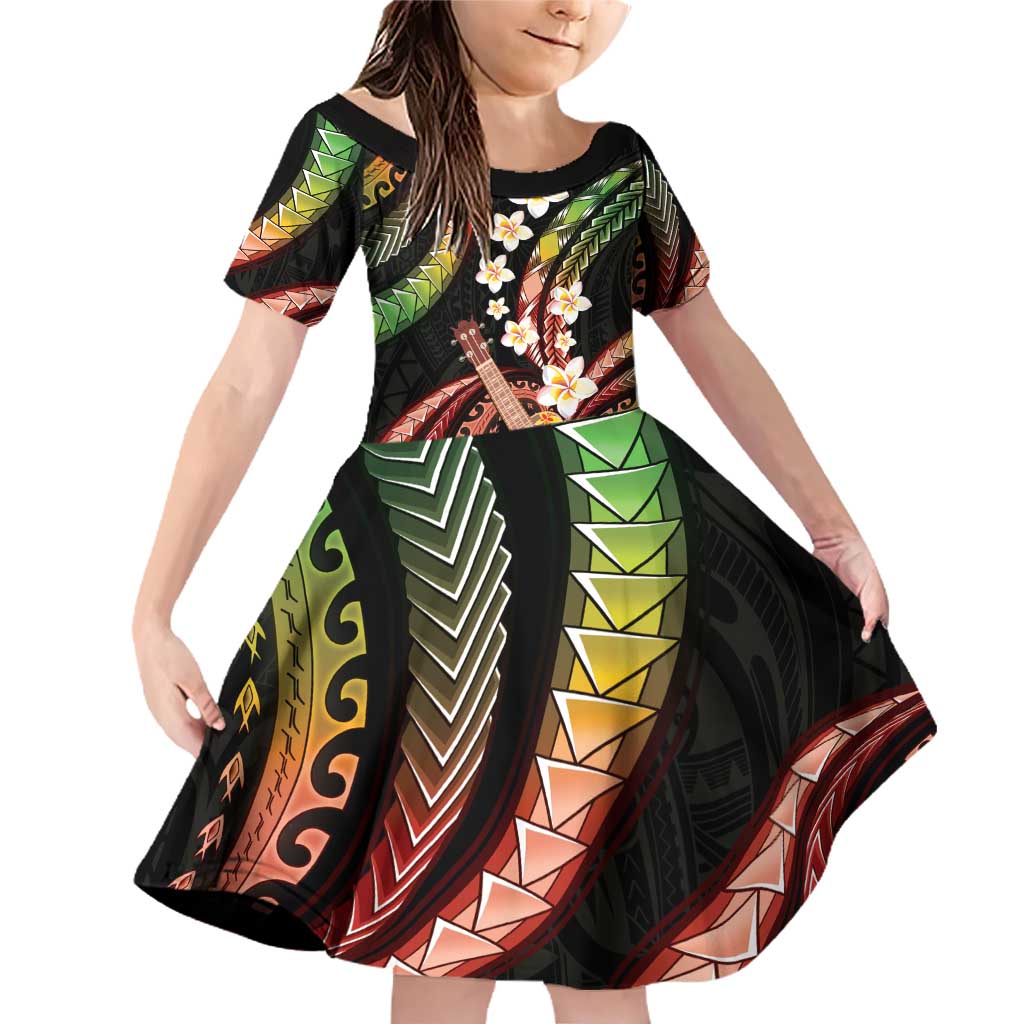 Hawaiian Ukulele Family Matching Off Shoulder Short Dress and Hawaiian Shirt Jawaiian Fantastic Plumeria LT01 Daughter's Dress Reggae - Polynesian Pride