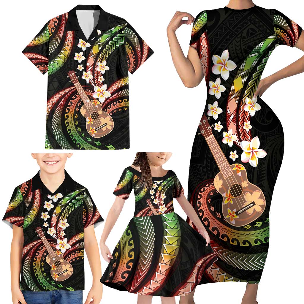 Hawaiian Ukulele Family Matching Short Sleeve Bodycon Dress and Hawaiian Shirt Jawaiian Fantastic Plumeria LT01 - Polynesian Pride