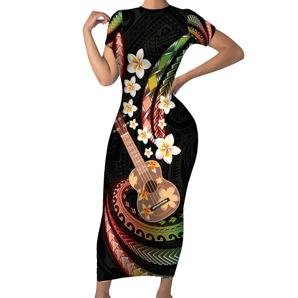 Hawaiian Ukulele Family Matching Short Sleeve Bodycon Dress and Hawaiian Shirt Jawaiian Fantastic Plumeria LT01 Mom's Dress Reggae - Polynesian Pride