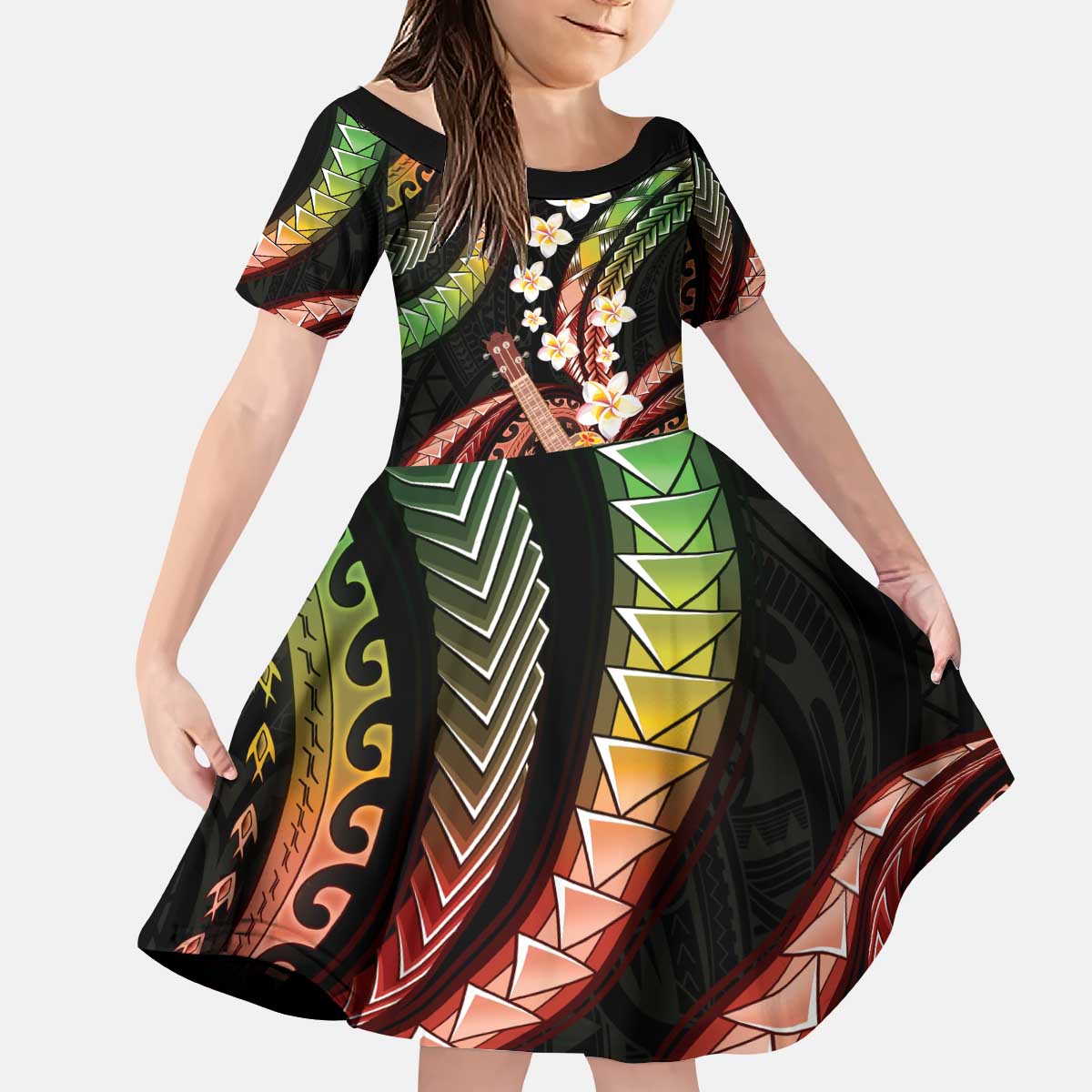 Hawaiian Ukulele Kid Short Sleeve Dress Jawaiian Fantastic Plumeria