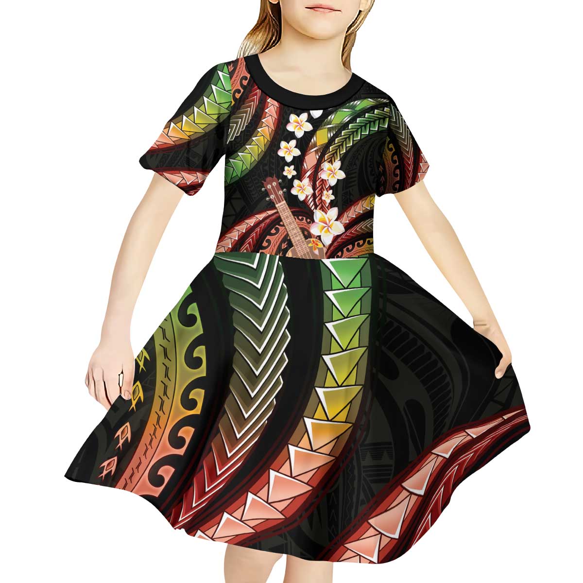 Hawaiian Ukulele Kid Short Sleeve Dress Jawaiian Fantastic Plumeria