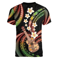 Hawaiian Ukulele Women V-Neck T-Shirt Jawaiian Fantastic Plumeria LT01 - Polynesian Pride