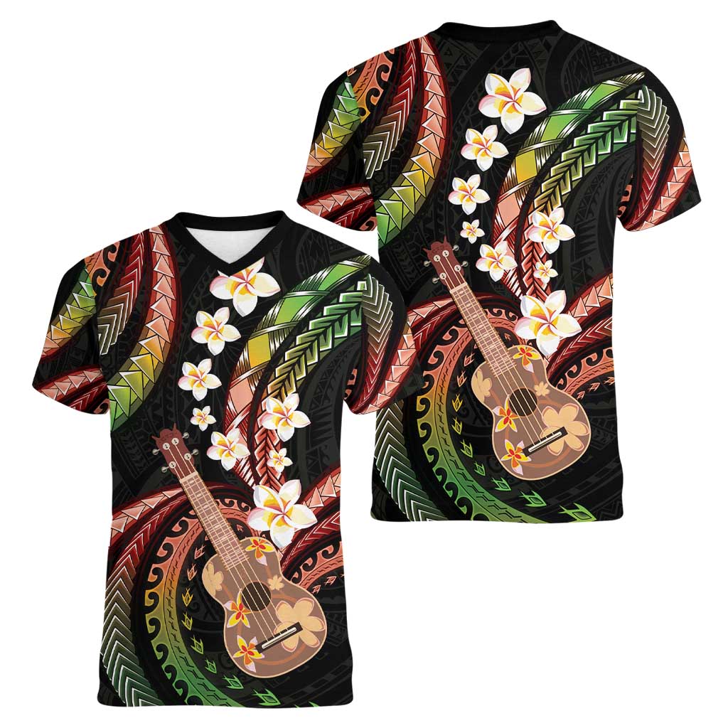 Hawaiian Ukulele Women V-Neck T-Shirt Jawaiian Fantastic Plumeria LT01 - Polynesian Pride