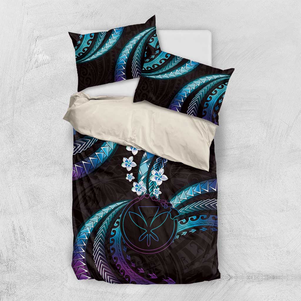 Hawaii Map Kanaka Maoli Bedding Set Fantastic Frangipani Amethyst Gradient