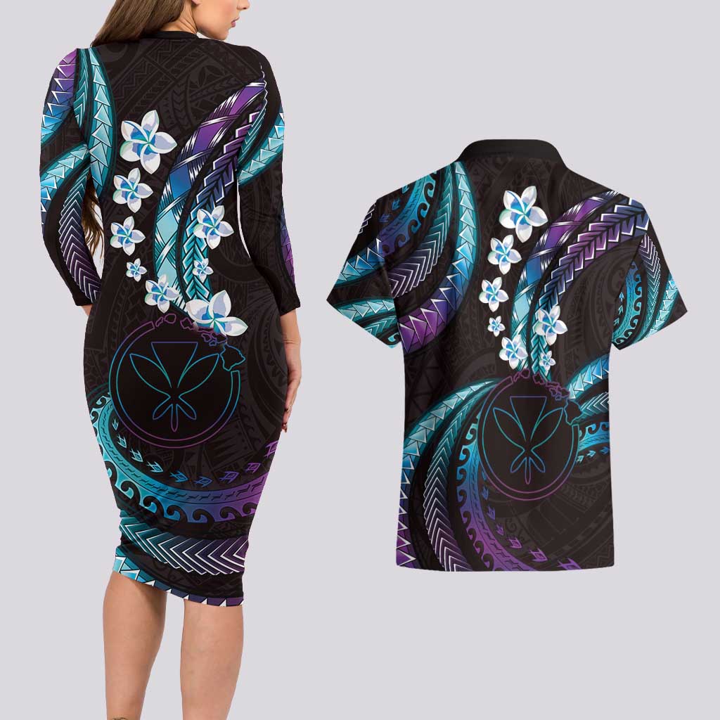 Hawaii Map Kanaka Maoli Couples Matching Long Sleeve Bodycon Dress and Hawaiian Shirt Fantastic Frangipani Amethyst Gradient LT01 - Polynesian Pride