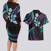 Hawaii Map Kanaka Maoli Couples Matching Long Sleeve Bodycon Dress and Hawaiian Shirt Fantastic Frangipani Amethyst Gradient LT01 - Polynesian Pride