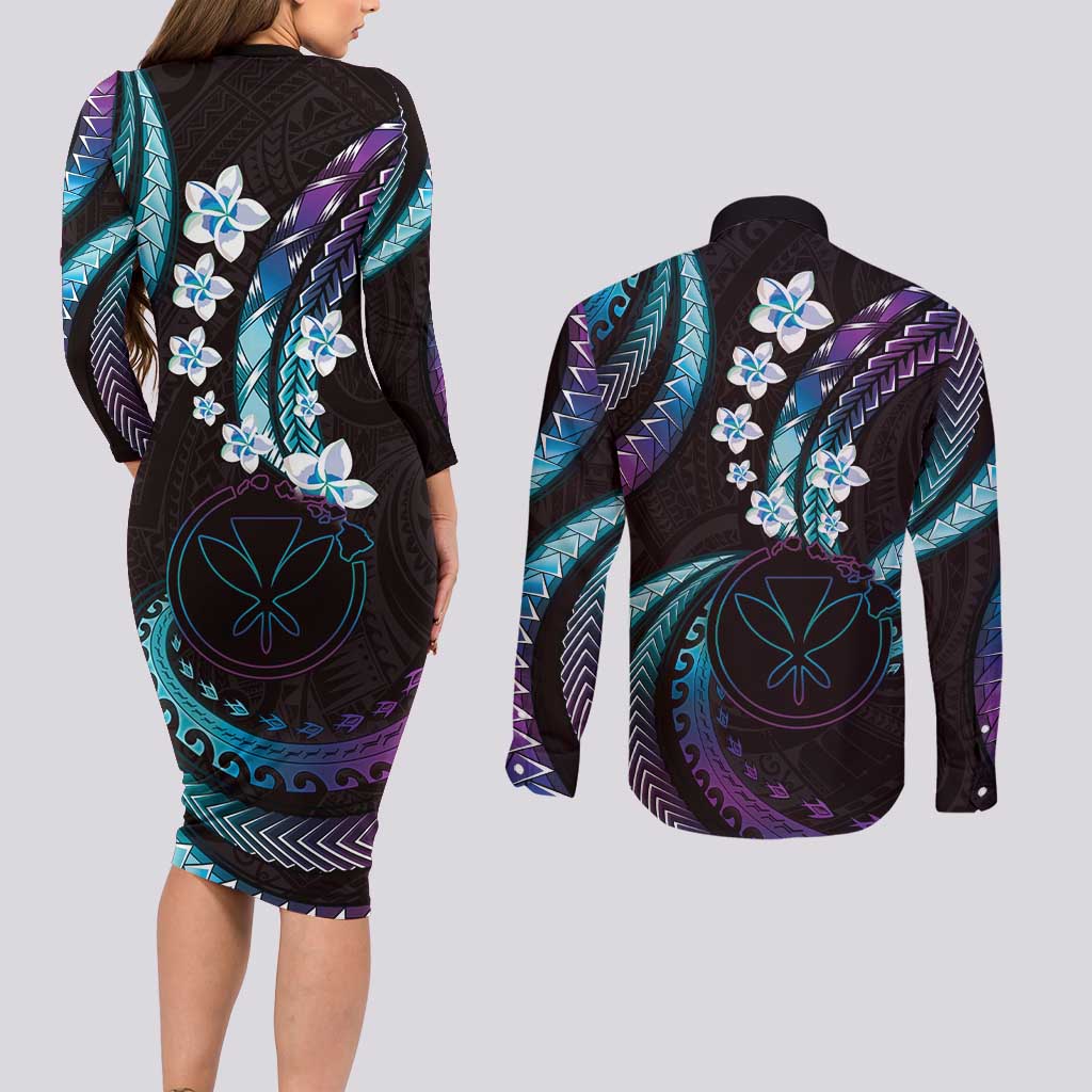Hawaii Map Kanaka Maoli Couples Matching Long Sleeve Bodycon Dress and Long Sleeve Button Shirt Fantastic Frangipani Amethyst Gradient LT01 - Polynesian Pride