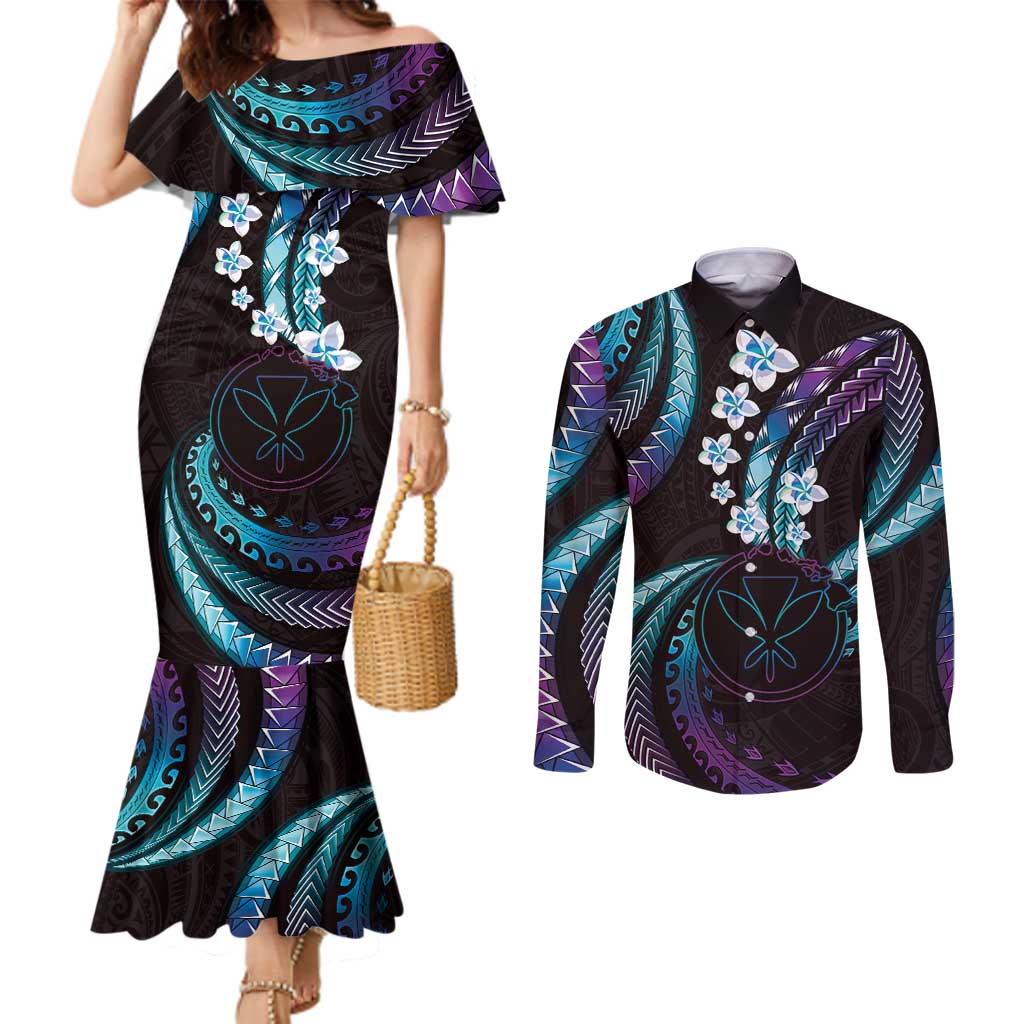 Hawaii Map Kanaka Maoli Couples Matching Mermaid Dress and Long Sleeve Button Shirt Fantastic Frangipani Amethyst Gradient LT01 Purple - Polynesian Pride