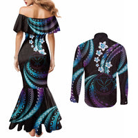 Hawaii Map Kanaka Maoli Couples Matching Mermaid Dress and Long Sleeve Button Shirt Fantastic Frangipani Amethyst Gradient LT01 - Polynesian Pride