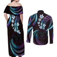 Hawaii Map Kanaka Maoli Couples Matching Off Shoulder Maxi Dress and Long Sleeve Button Shirt Fantastic Frangipani Amethyst Gradient