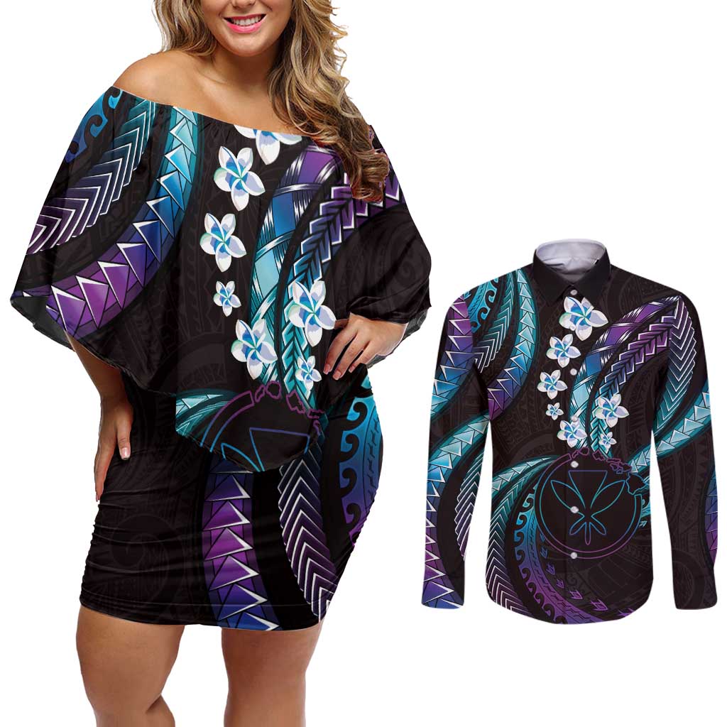 Hawaii Map Kanaka Maoli Couples Matching Off Shoulder Short Dress and Long Sleeve Button Shirt Fantastic Frangipani Amethyst Gradient LT01 Purple - Polynesian Pride