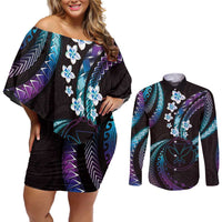 Hawaii Map Kanaka Maoli Couples Matching Off Shoulder Short Dress and Long Sleeve Button Shirt Fantastic Frangipani Amethyst Gradient LT01 Purple - Polynesian Pride